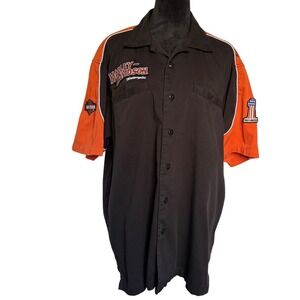 Harley Davidson Motorcycles Men Black Orange Work Shirt Short Sleeve Embroidered